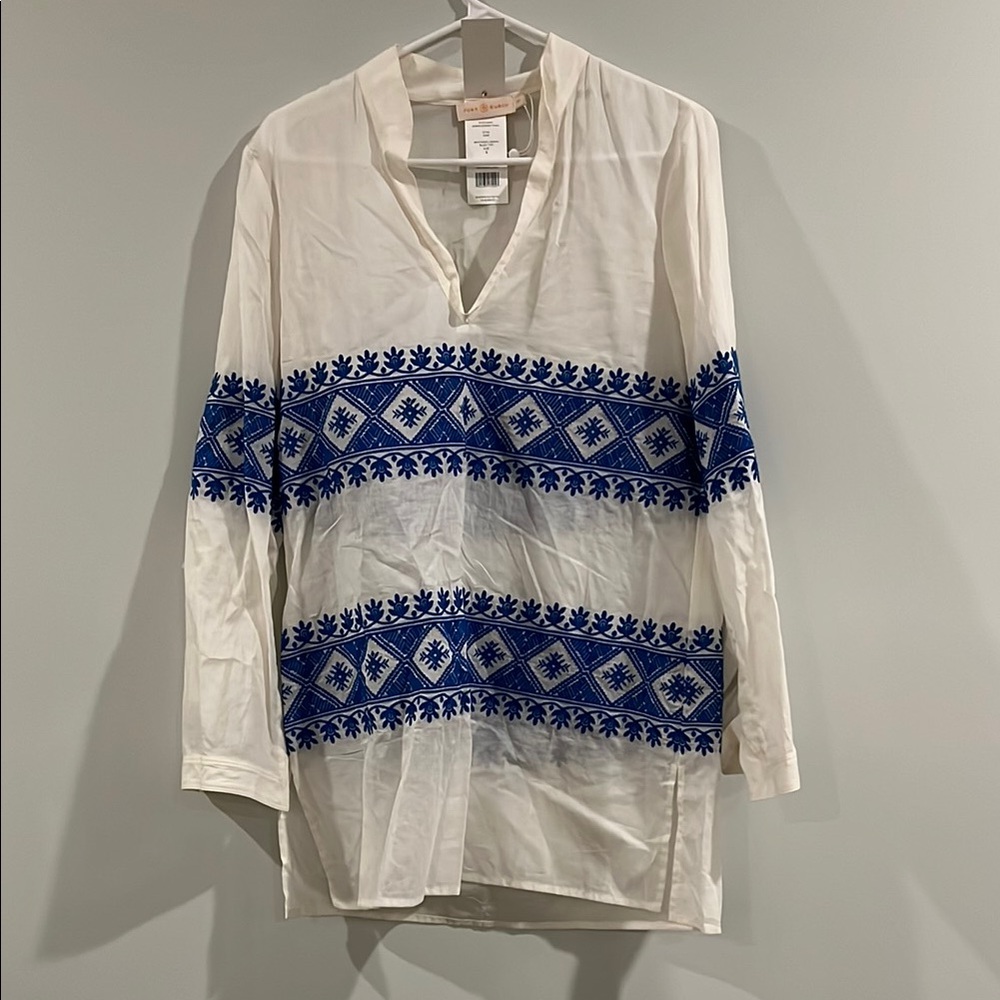 Tory Burch Stephanie Tunic in New Ivory/Bondi Blue, Size S